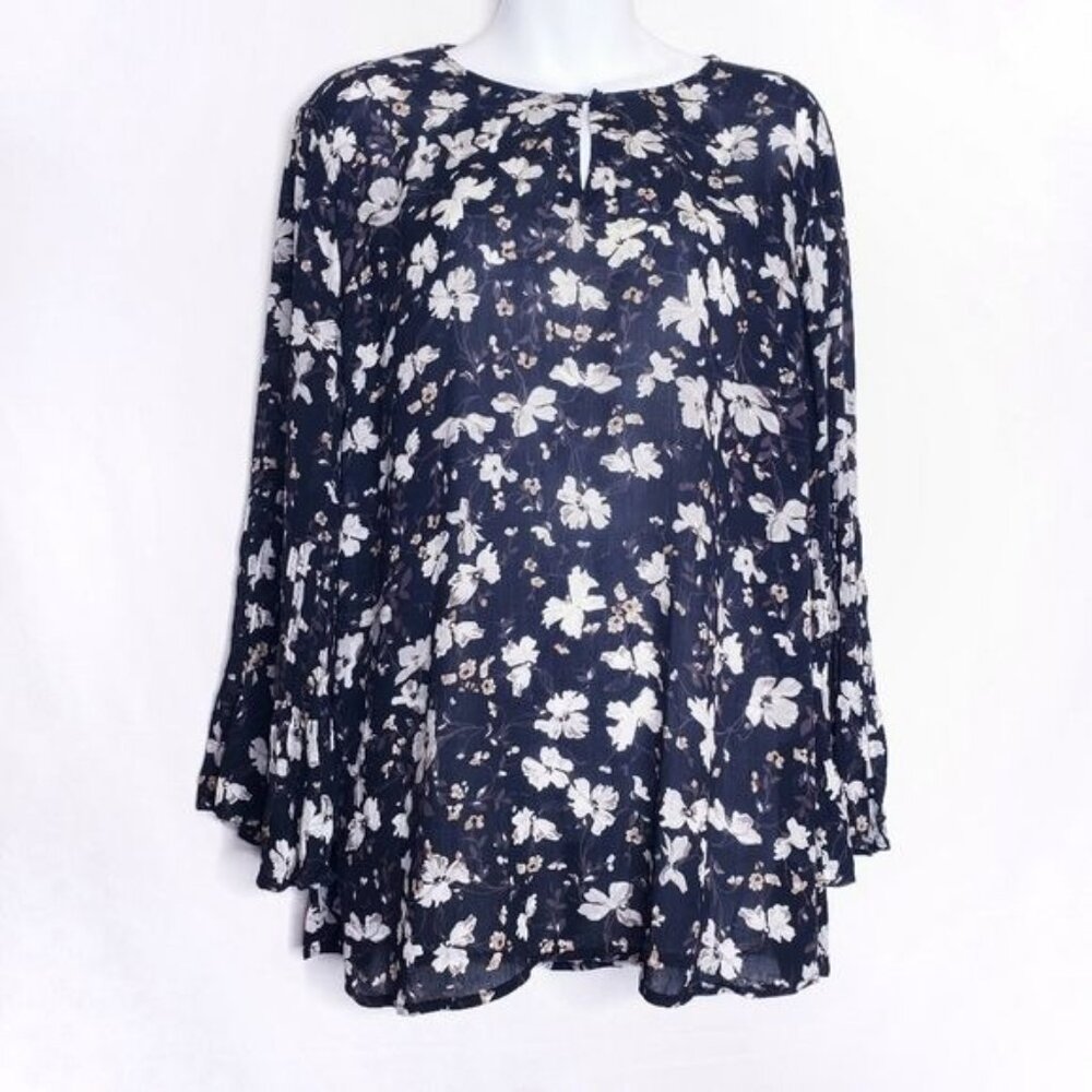 J. Jill Black Floral Bell Sleeve Semi Sheer Tunic Blouse Top Women's Size Large